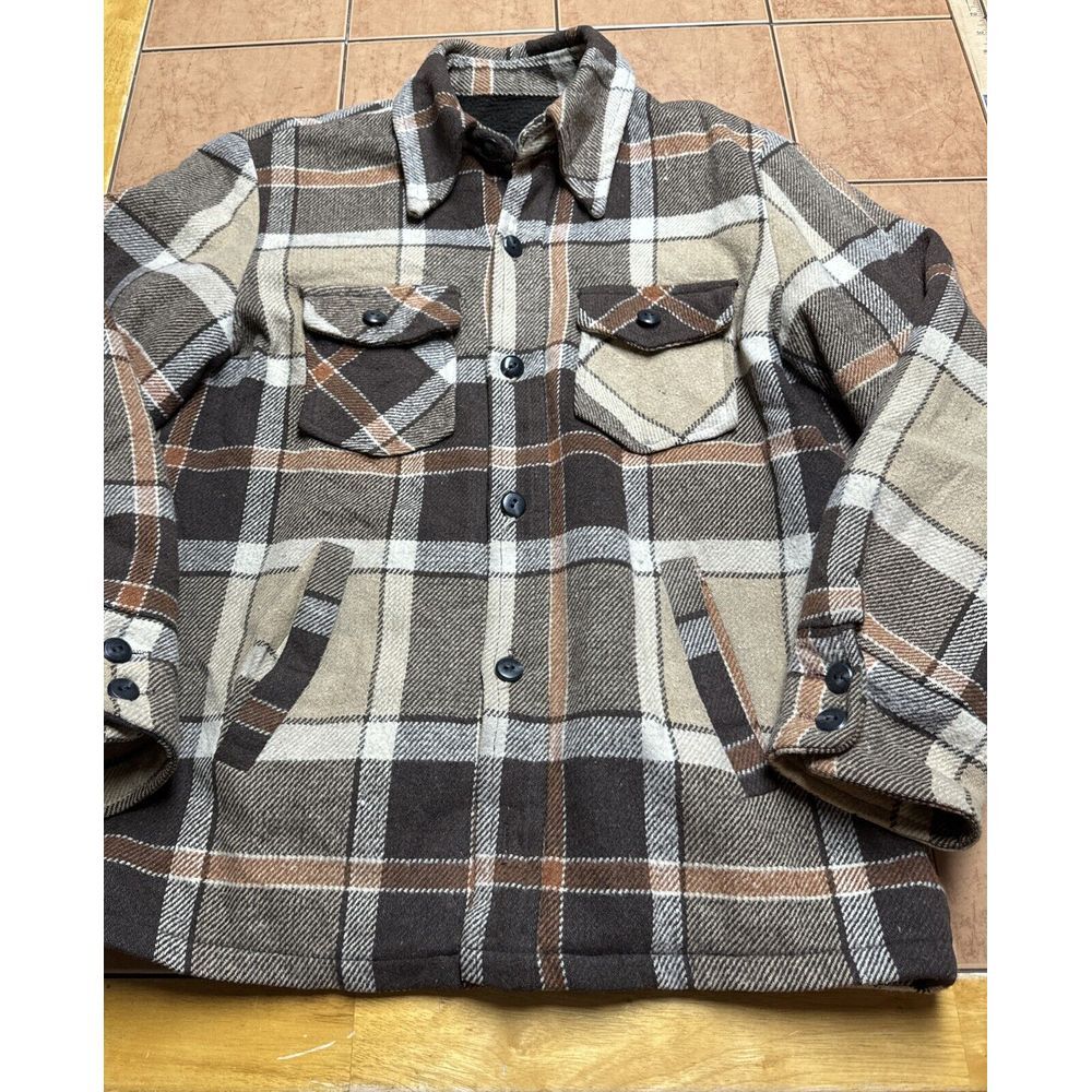 Vintage Sears Mens Store Flannel Jacket Sz 38 Tall Plaid‎ Brown Outerwear Chore